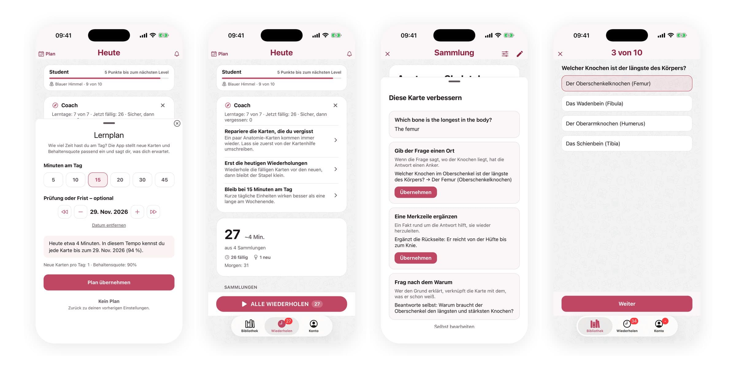 Flashside auf dem iPhone: Lernplan, Coach-Karte, Kartenhilfe und ein Quiz