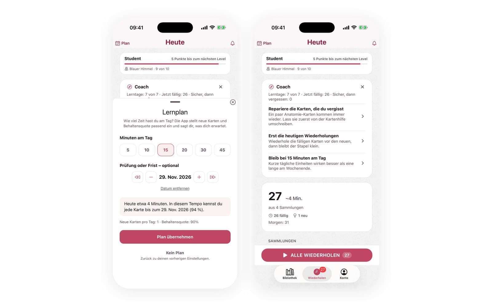Flashside Lernplan-Sheet mit Minuten pro Tag und Prüfungstermin, daneben die Coach-Karte auf dem Heute-Bildschirm