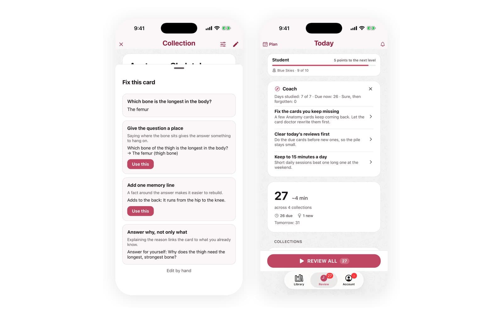 Flashside card doctor sheet with three rewrites of a failing anatomy card, and the Monday coach card on the Today screen