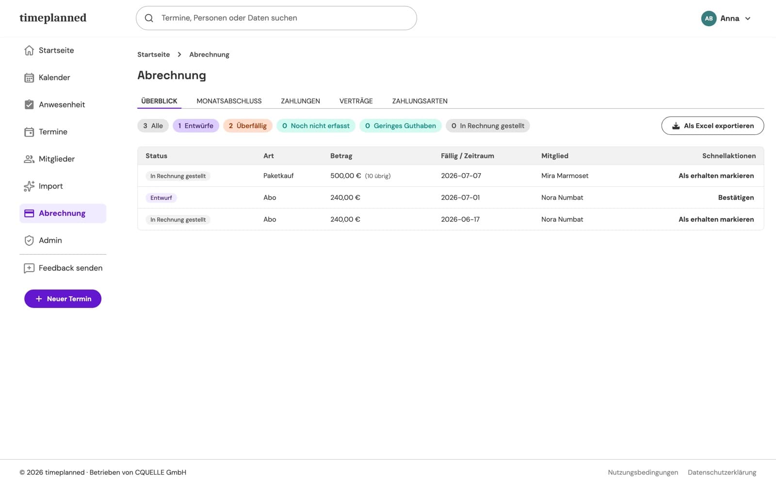 Timeplanned billing overview showing drafts, overdue payments, and Excel export
