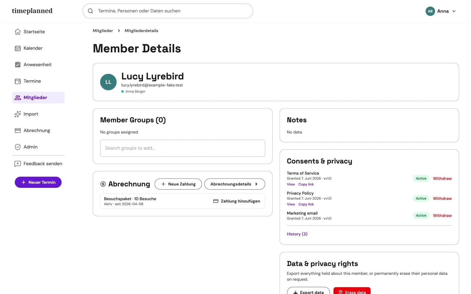 Timeplanned student profile with GDPR consent records and data export