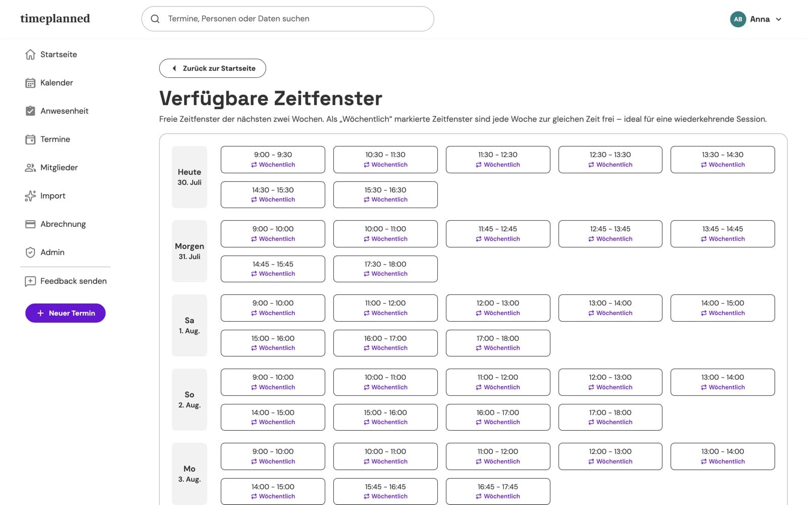 Timeplanned free-slot finder showing available time slots for the next two weeks